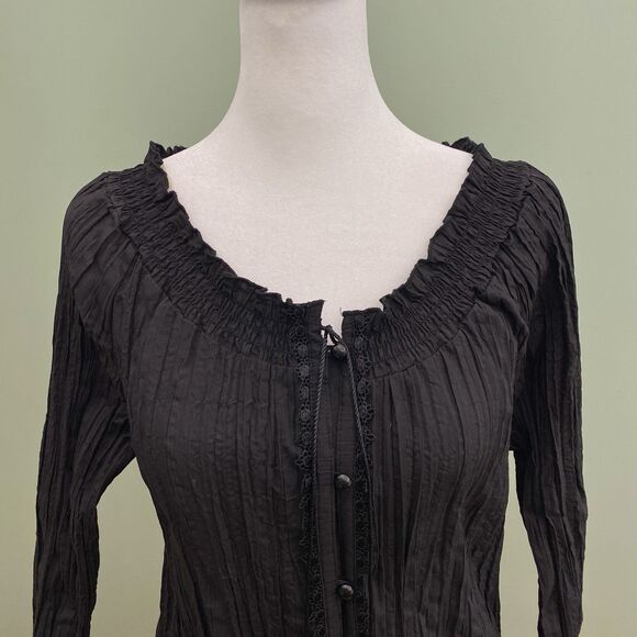 Harve Benard Crinkle Blouse Small Black Tassel Top Witchy Boho Whimsigoth - Picture 2 of 13
